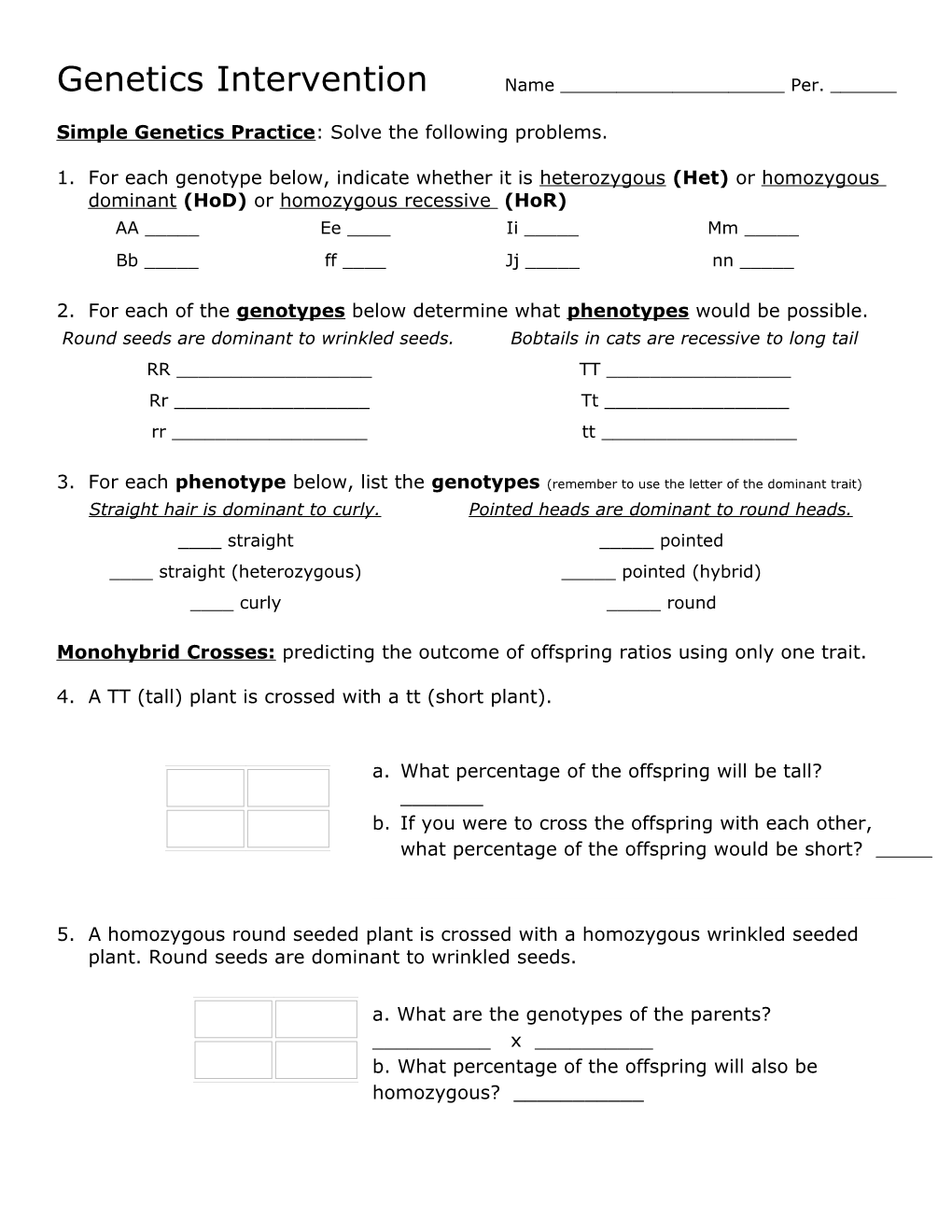 Genetics Practice Problems - Simple Worksheet