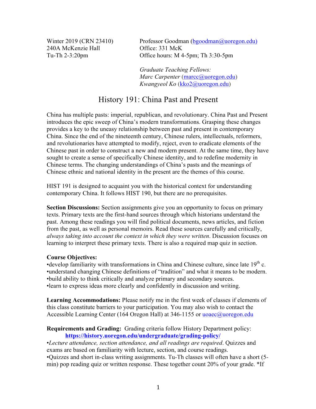 History 191: China Past and Present