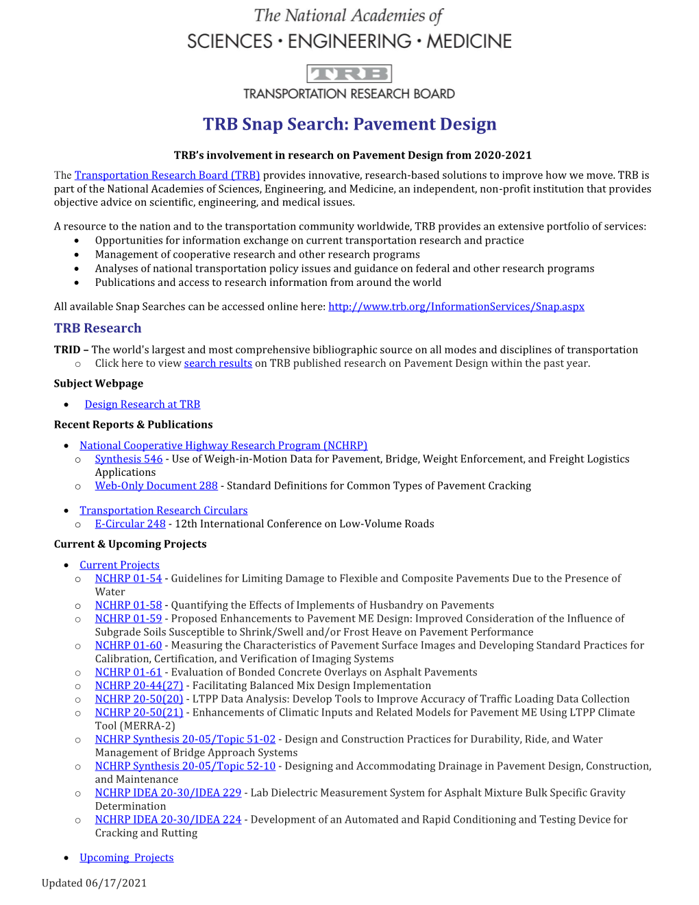 TRB Snap Search: Pavement Design