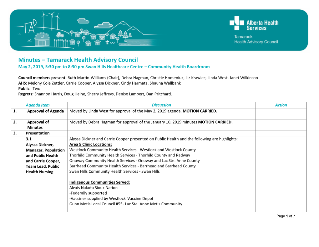 Tamarack Health Advisory Council Meeting Will Be: Melony to Invite Edson Date: September 19, 2019 FCSS to Provide Update Time: 5:30 P.M