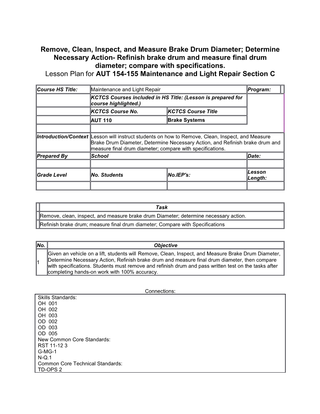 Lesson Plan for AUT 154-155 Maintenance and Light Repair Section C