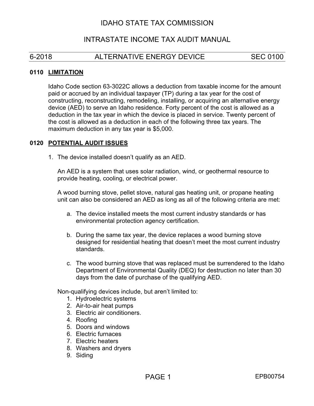 Idaho State Tax Commission Intrastate Income Tax Audit Manual 6-2018 Alternative Energy Device Sec 0100 Page 1