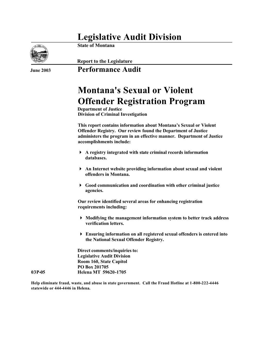 Montana's Sexual Or Violent Offender Registration Program Department of Justice Division of Criminal Investigation