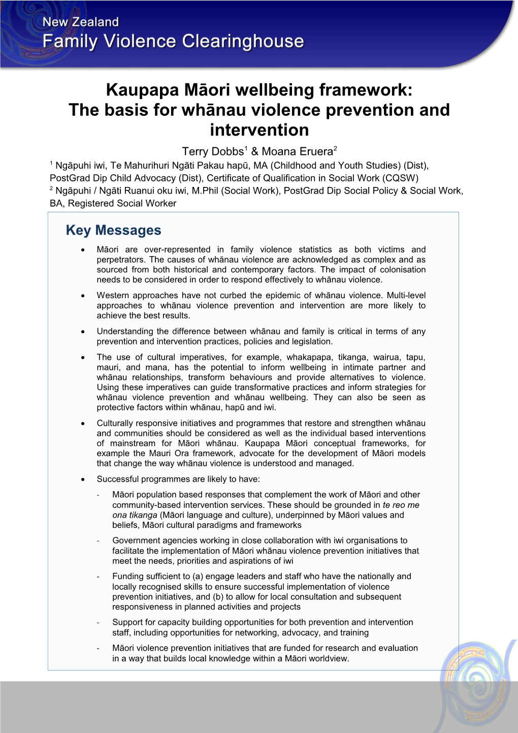 The Basis for Whānau Violence Prevention and Intervention