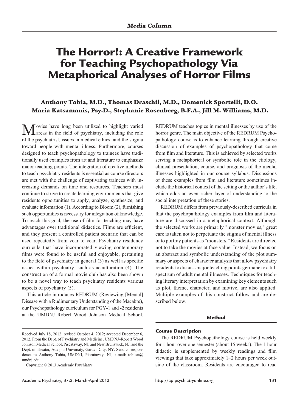 The Horror!: a Creative Framework for Teaching Psychopathology Via Metaphorical Analyses of Horror Films