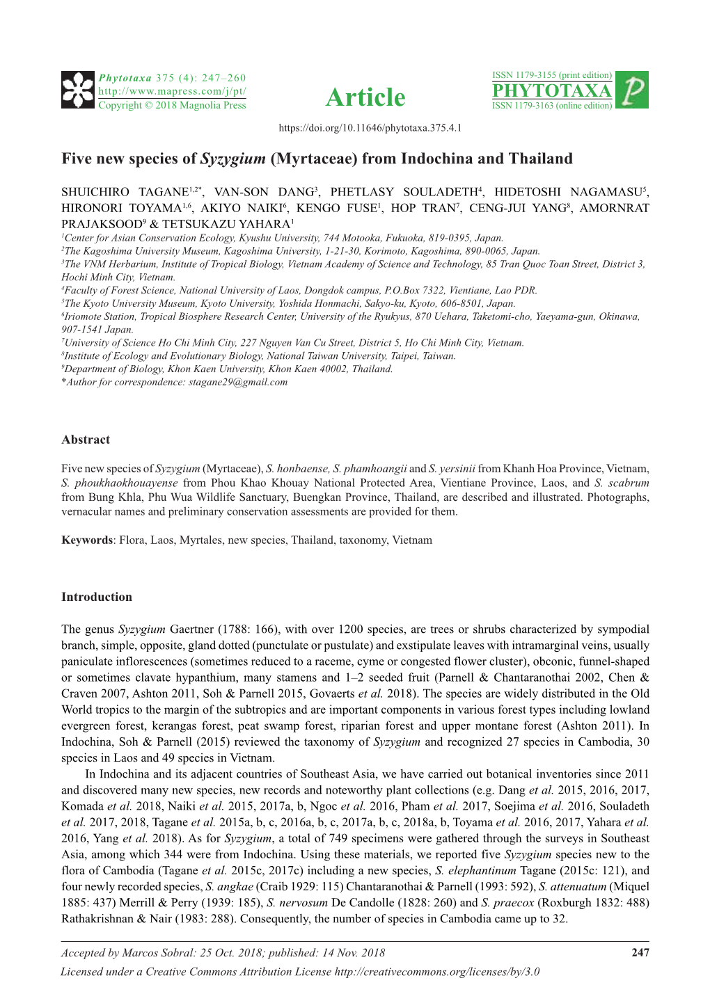 Five New Species of Syzygium (Myrtaceae) from Indochina and Thailand