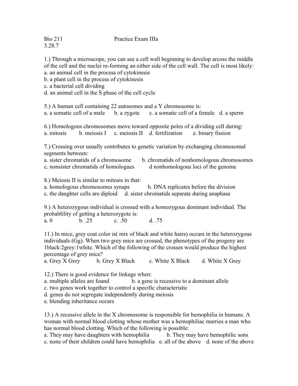 Bio 211 Practice Exam Iiia