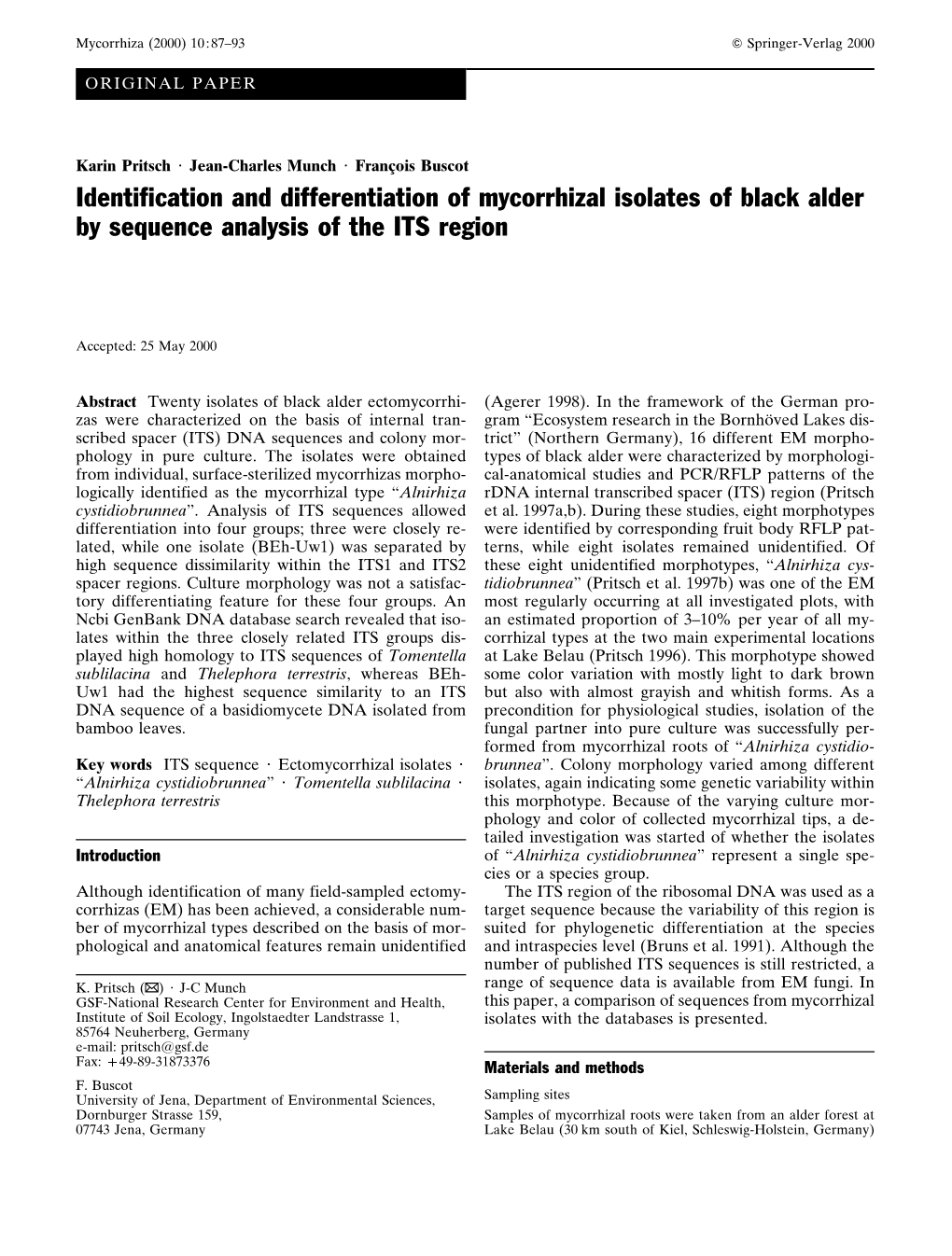 Identification and Differentiation of Mycorrhizal Isolates of Black Alder by Sequence Analysis of the ITS Region