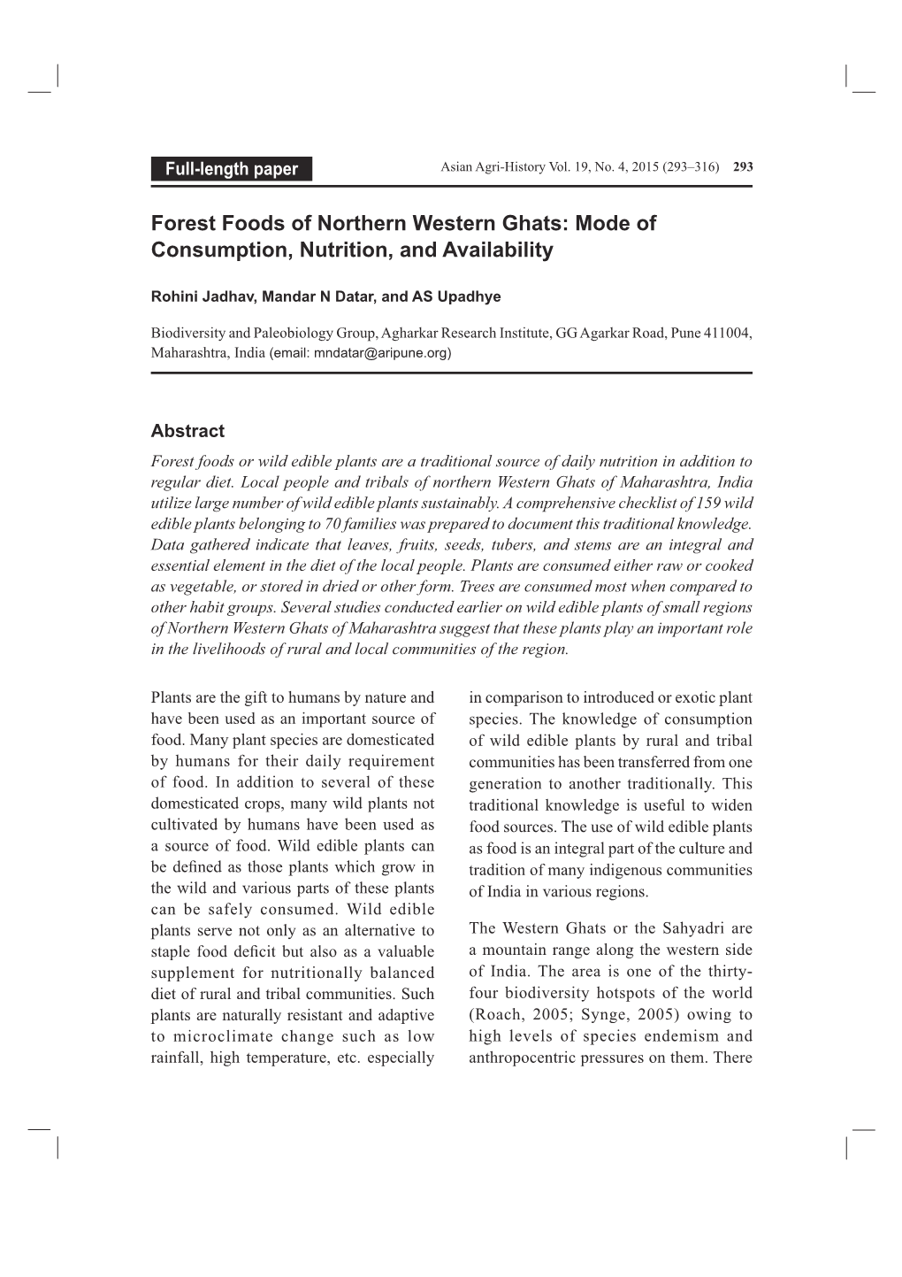 Forest Foods of Northern Western Ghats: Mode of Consumption, Nutrition, and Availability