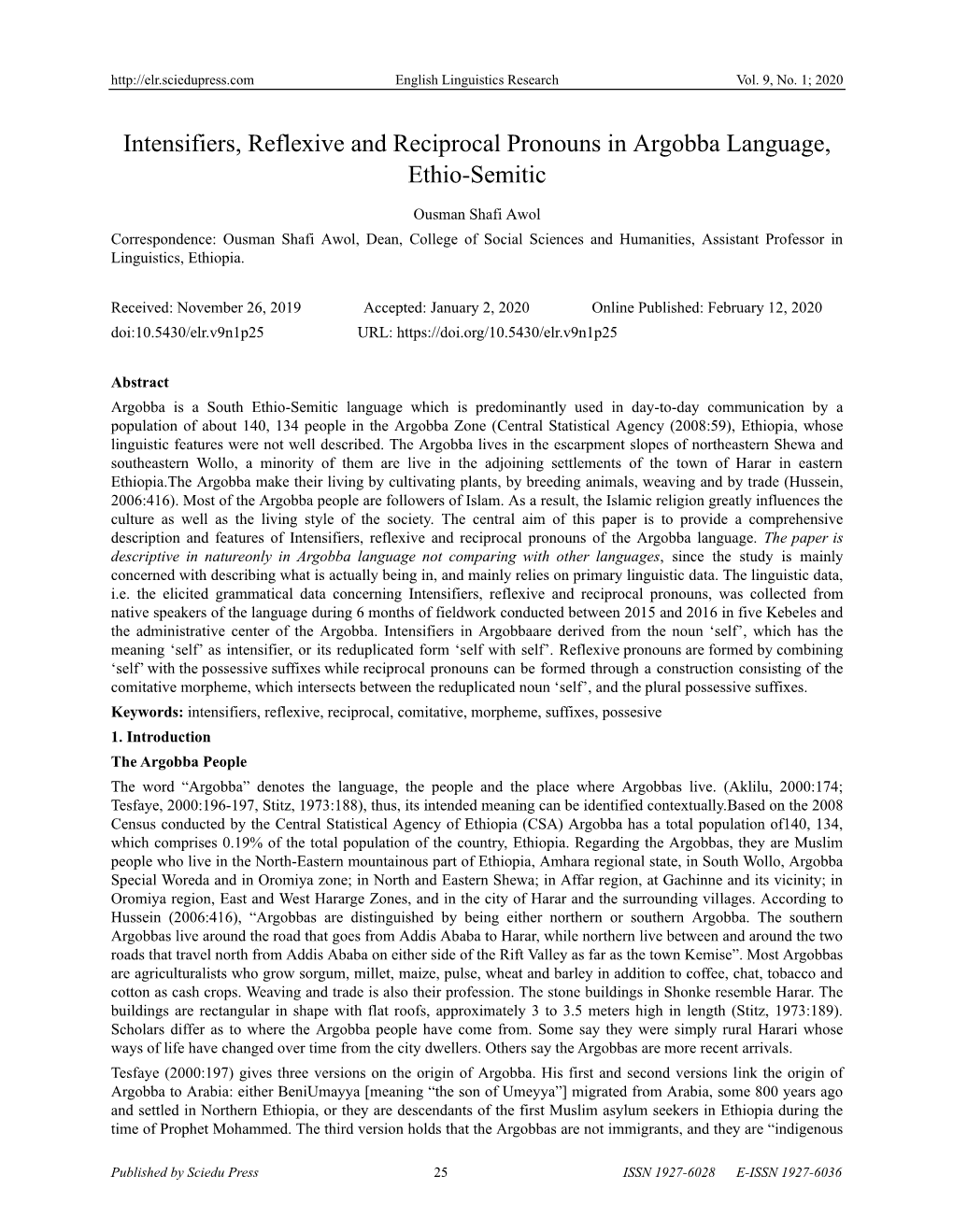Intensifiers, Reflexive and Reciprocal Pronouns in Argobba Language, Ethio-Semitic