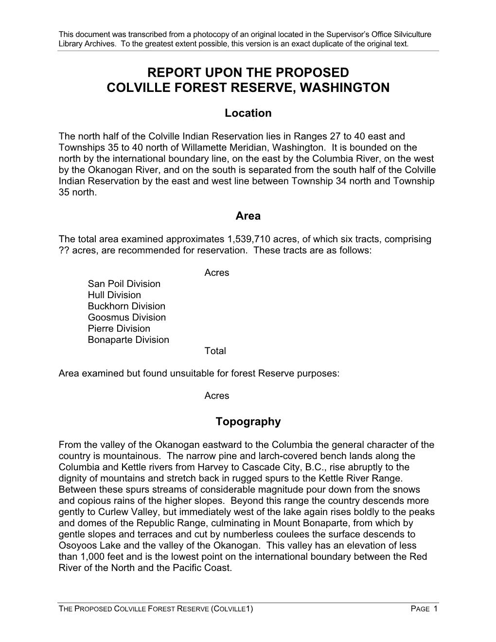 Report Upon the Proposed Colville Forest Reserve, Washington