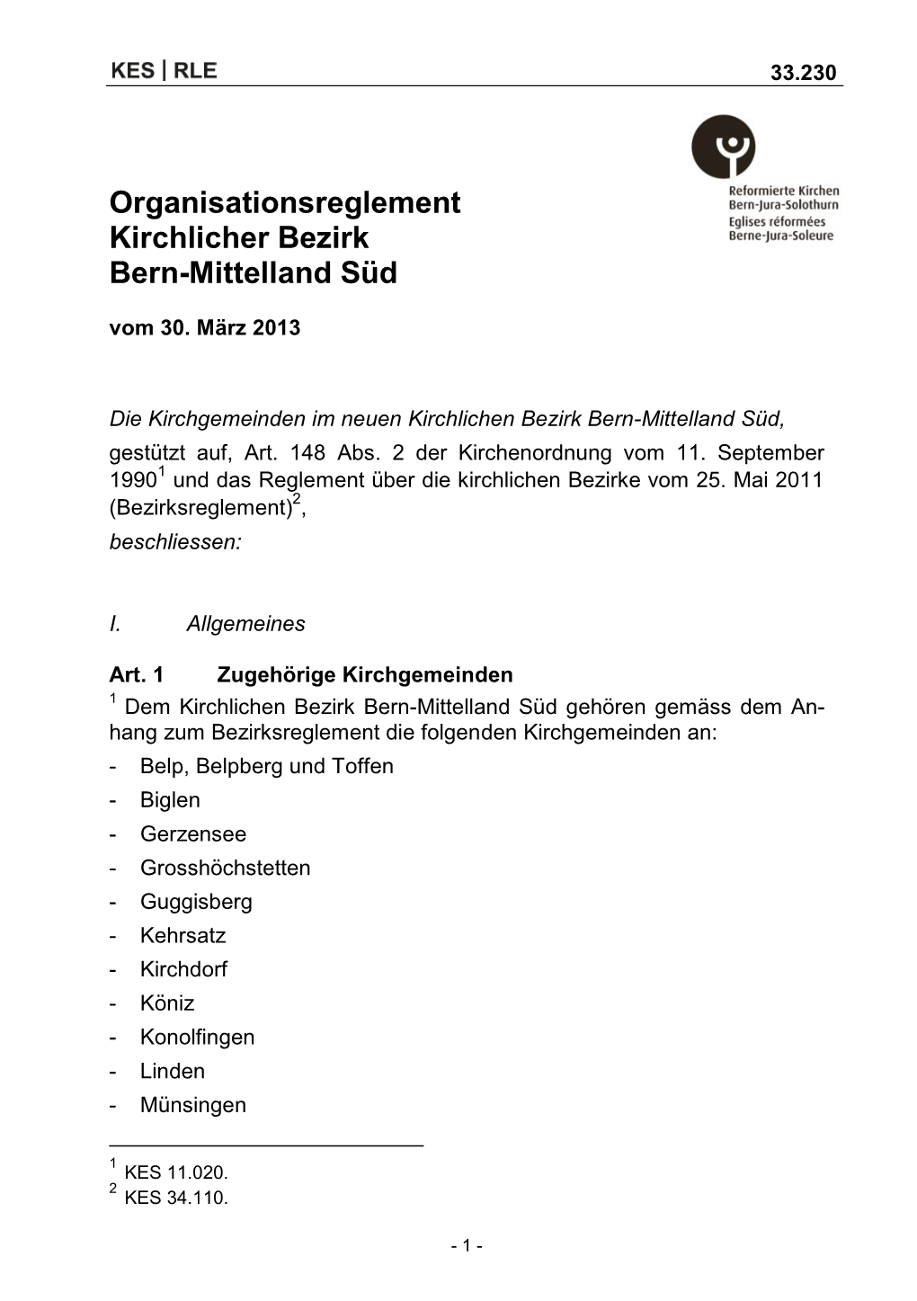 Organisationsreglement Kirchlicher Bezirk Bern-Mittelland Süd Vom 30