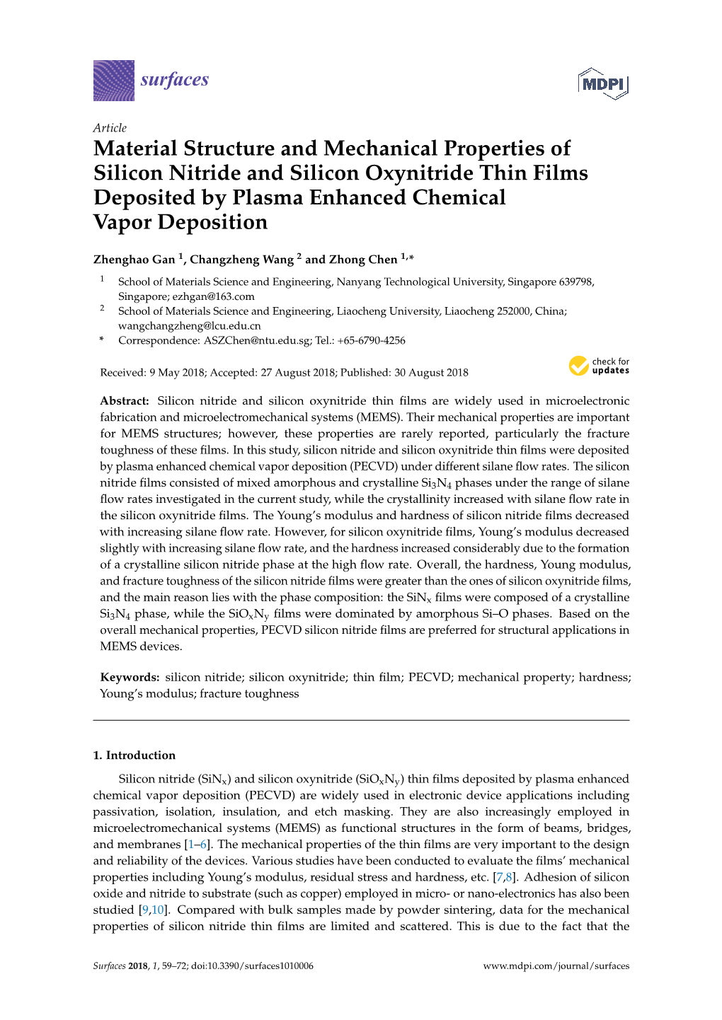 Material Structure and Mechanical Properties of Silicon Nitride and Silicon Oxynitride Thin Films Deposited by Plasma Enhanced Chemical Vapor Deposition