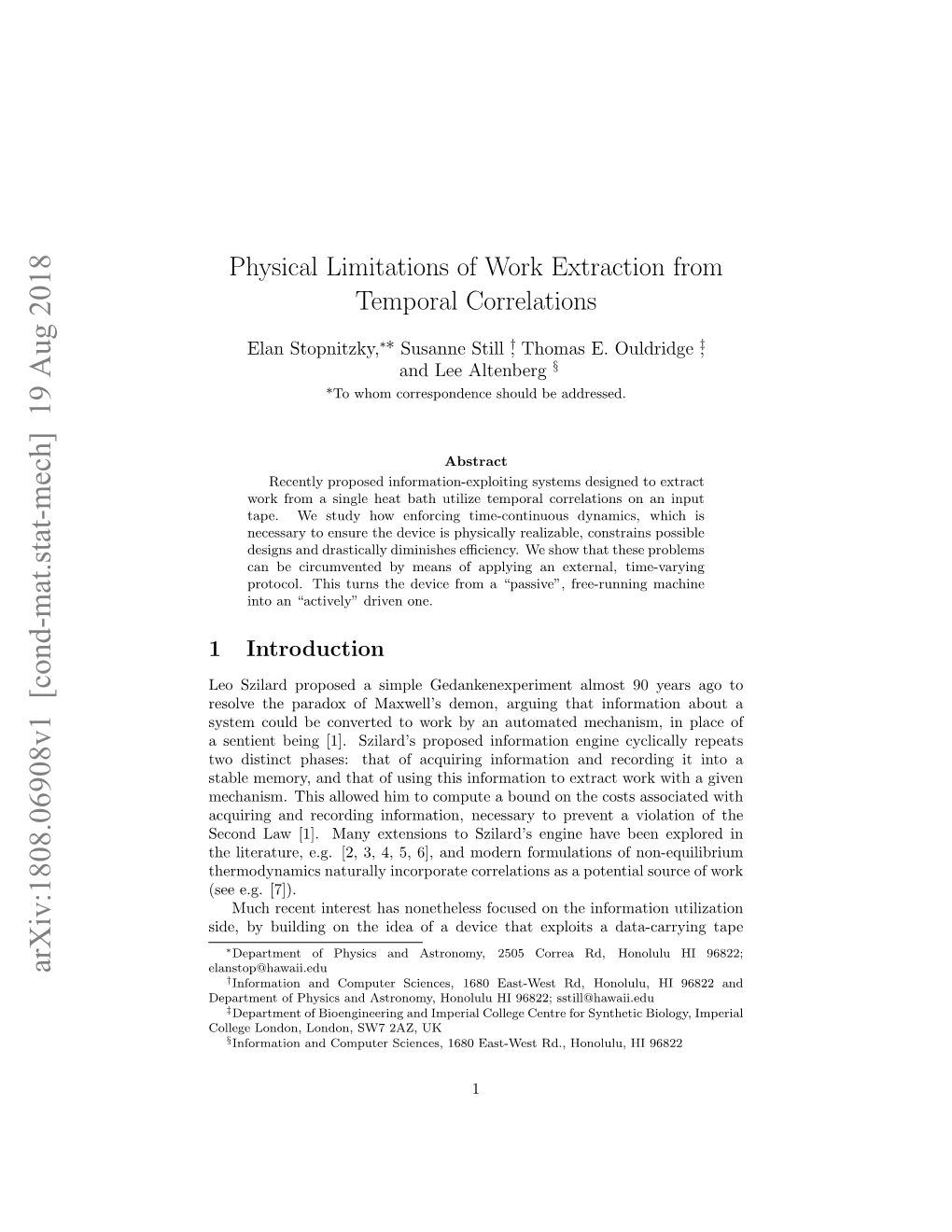 Physical Limitations of Work Extraction from Temporal Correlations