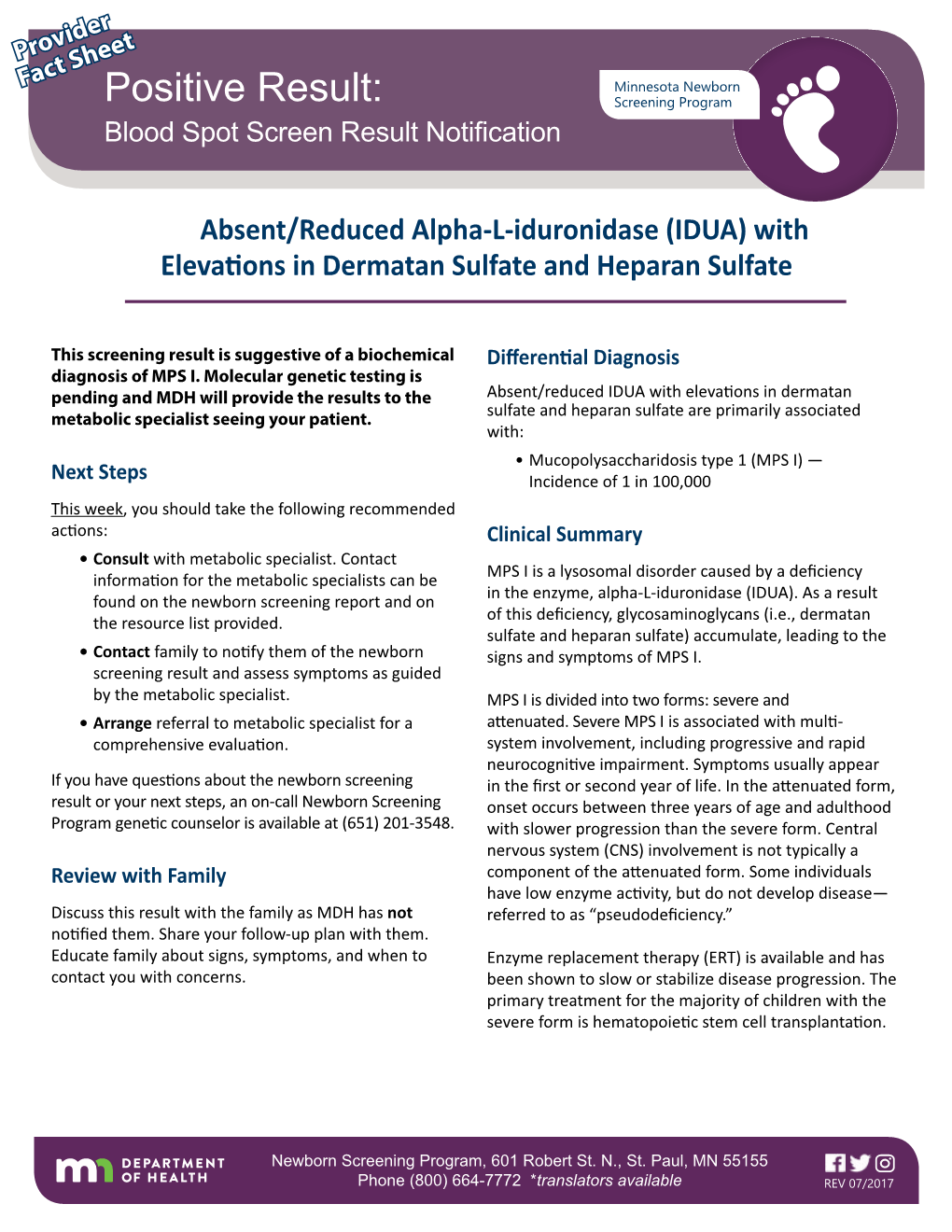 Positive Result Provider Fact Sheet Absent/Reduced Alpha-L-Iduonidase