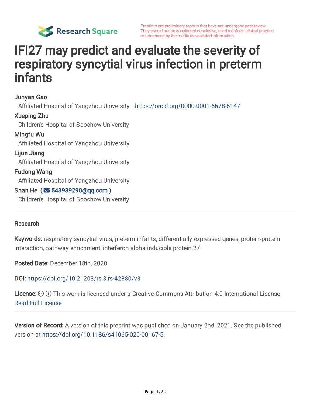IFI27 May Predict and Evaluate the Severity of Respiratory Syncytial Virus Infection in Preterm Infants