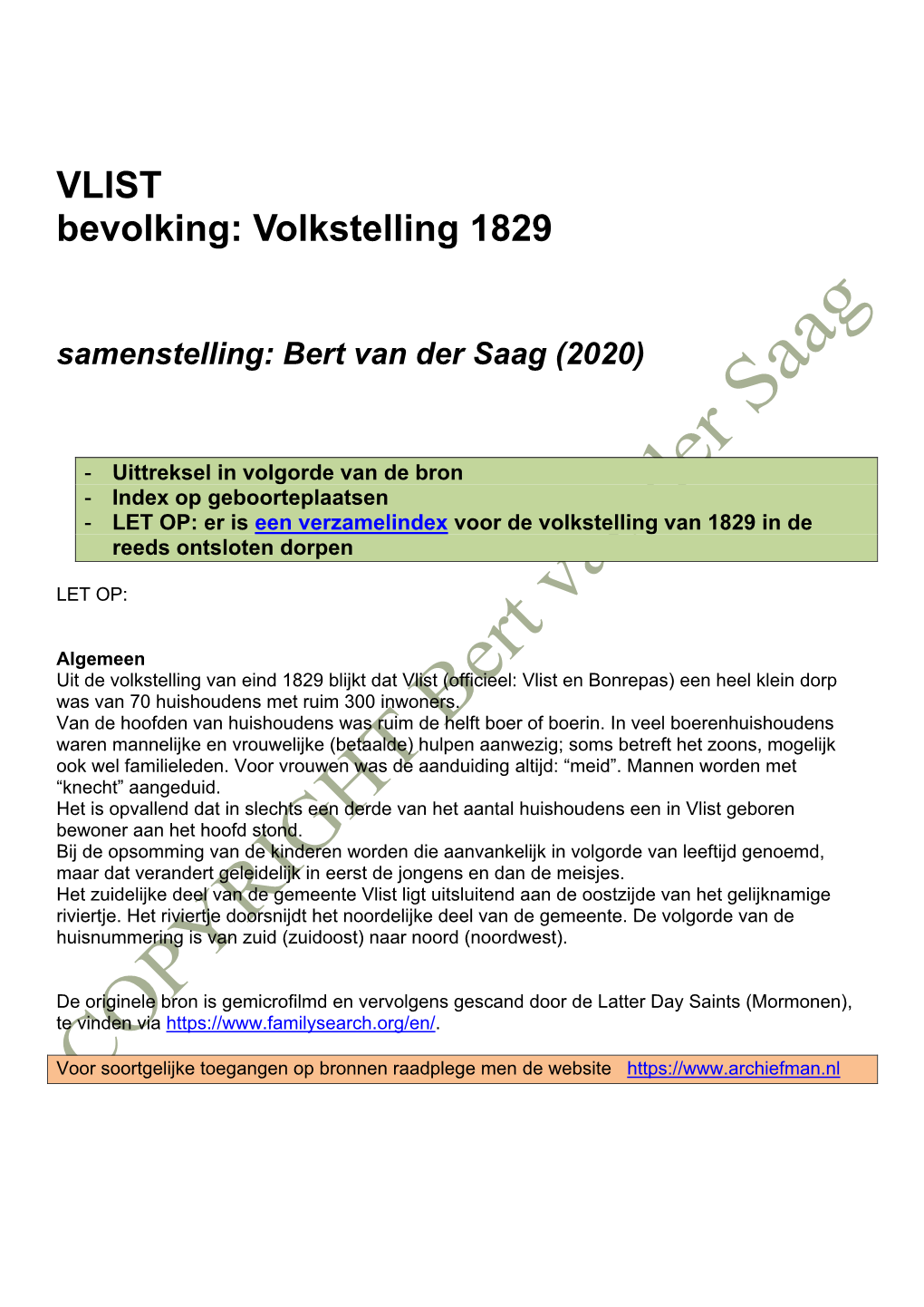 VLIST Bevolking: Volkstelling 1829 Samenstelling: Bert Van Der Saag (2020)