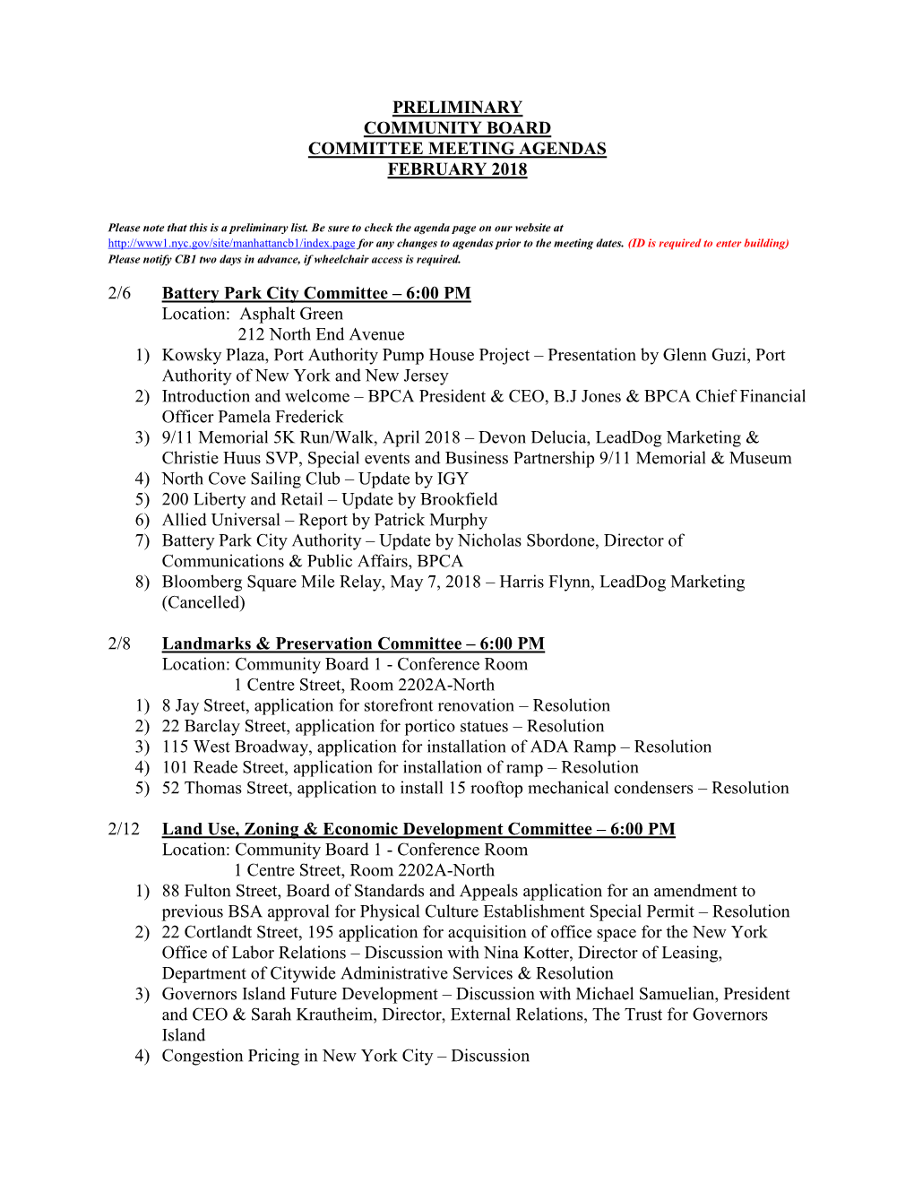 Preliminary Community Board Committee Meeting Agendas February 2018