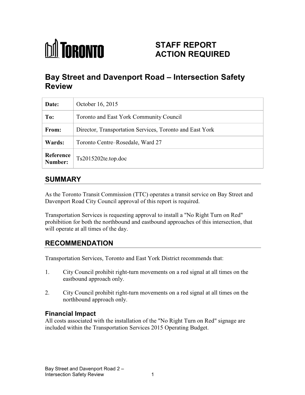 Bay Street and Davenport Road – Intersection Safety Review