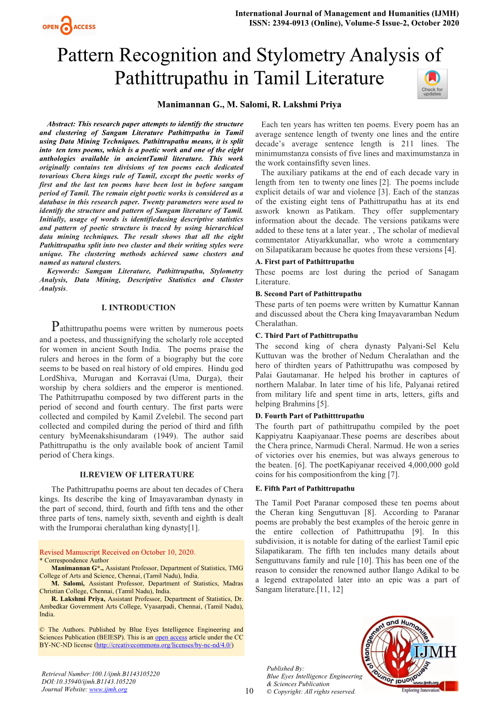 Pattern Recognition and Stylometry Analysis of Pathittrupathu in Tamil Literature