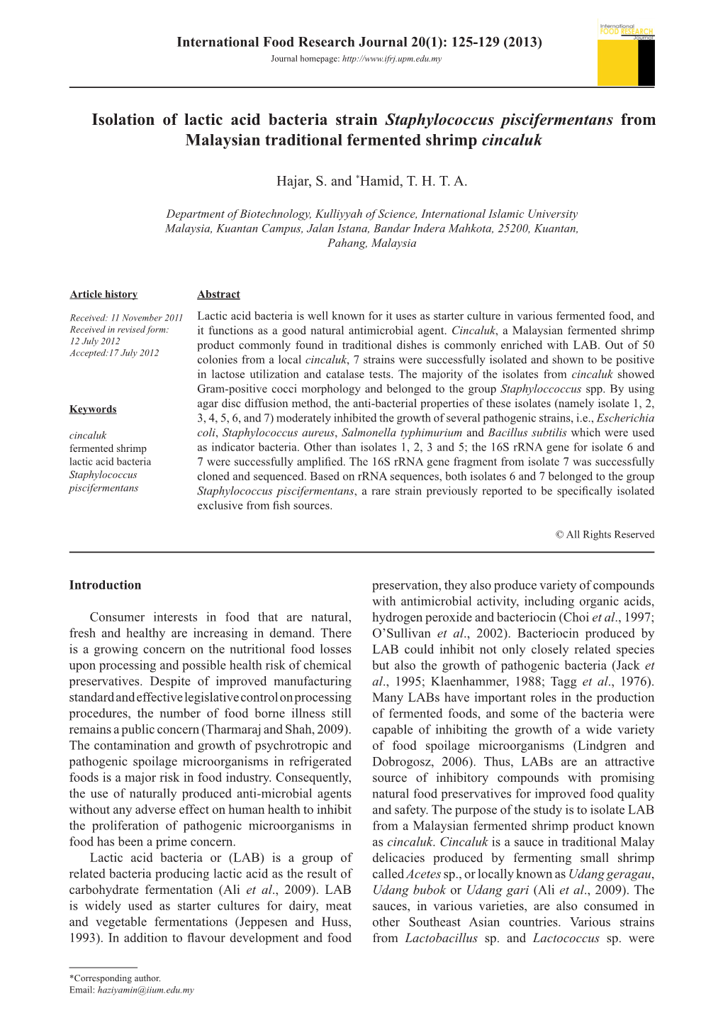 Isolation of Lactic Acid Bacteria Strain Staphylococcus Piscifermentans from Malaysian Traditional Fermented Shrimp Cincaluk