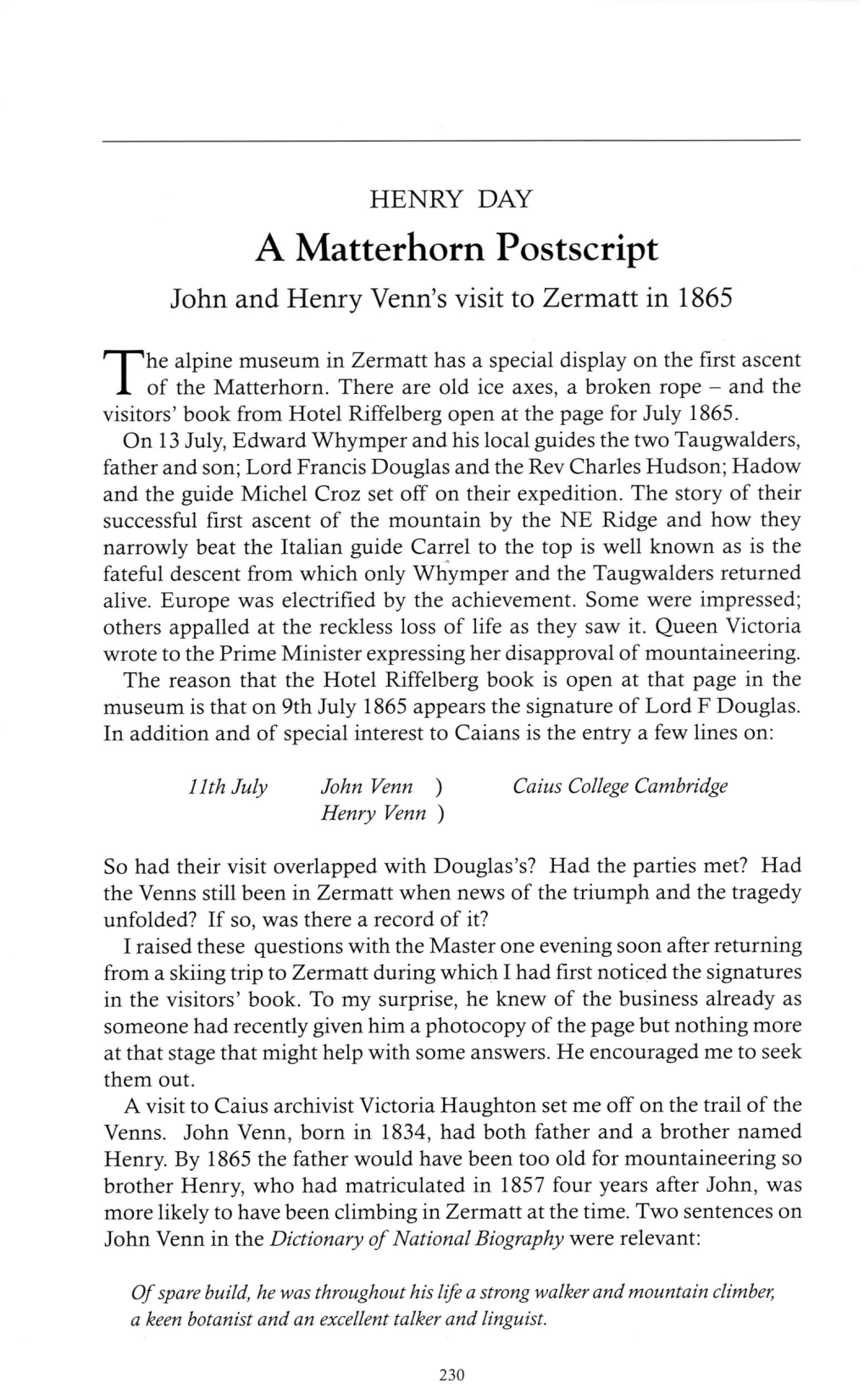 A Matterhorn Postscript John and Henry Venn's Visit to Zermatt in 1865