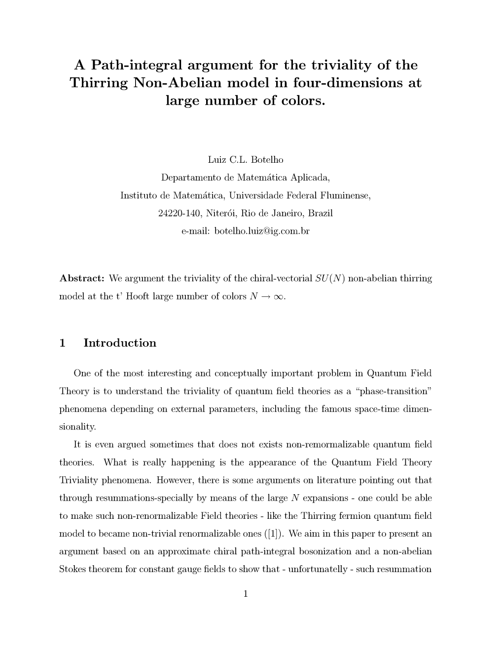 A Path-Integral Argument for the Triviality of the Thirring Non-Abelian Model in Four-Dimensions at Large Number of Colors