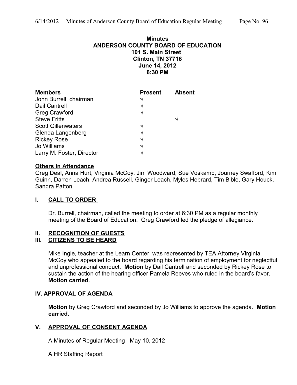 6/14/2012 Minutes of Anderson County Board of Education Regular Meeting Page No. 106