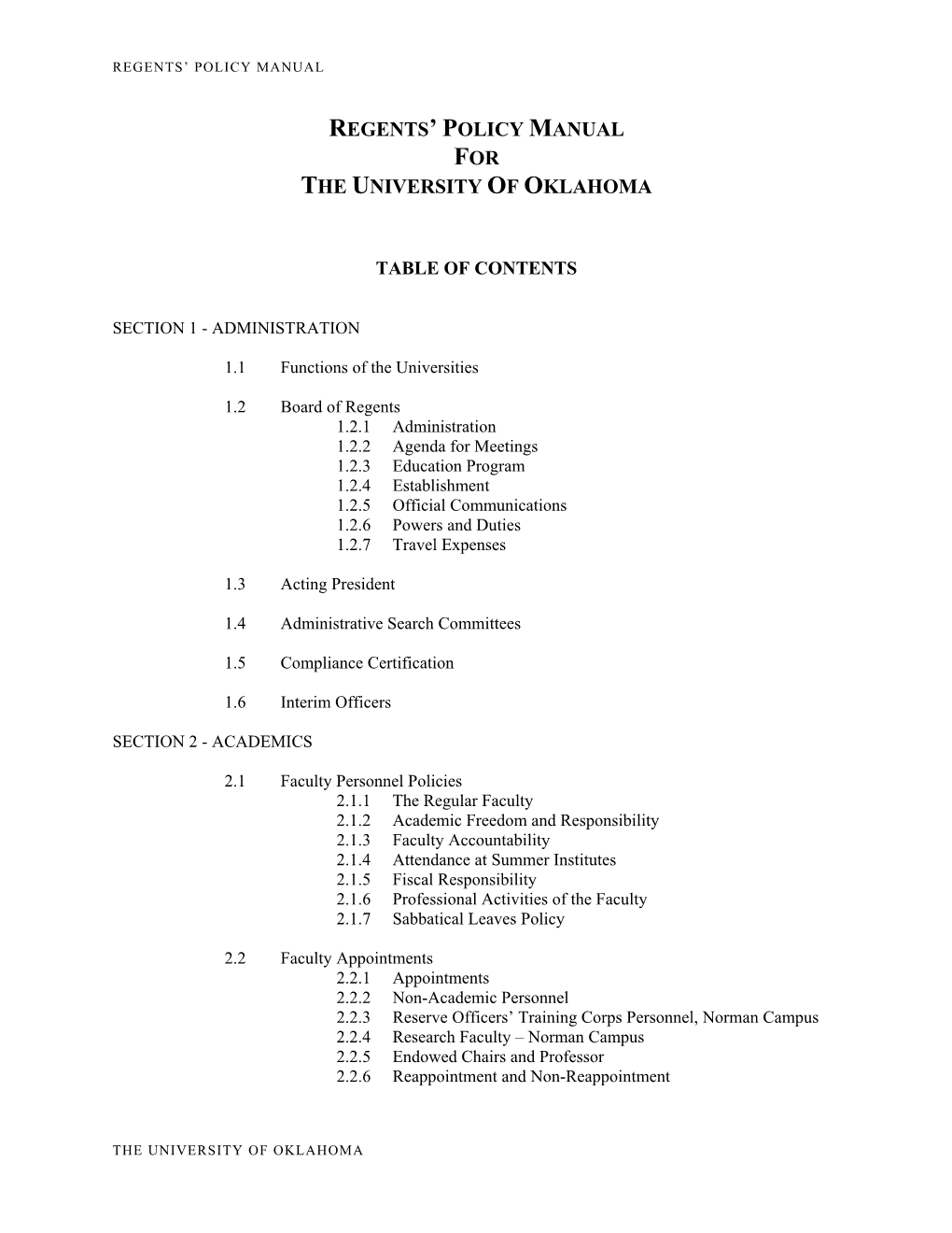 Regents' Policy Manual for the University of Oklahoma