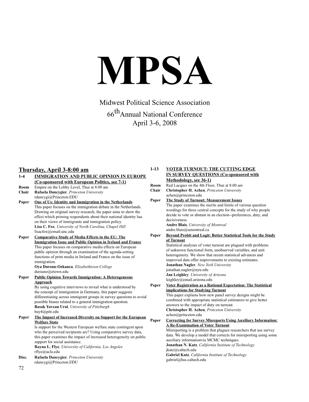 Midwest Political Science Association 66Thannual National Conference April 3-6, 2008