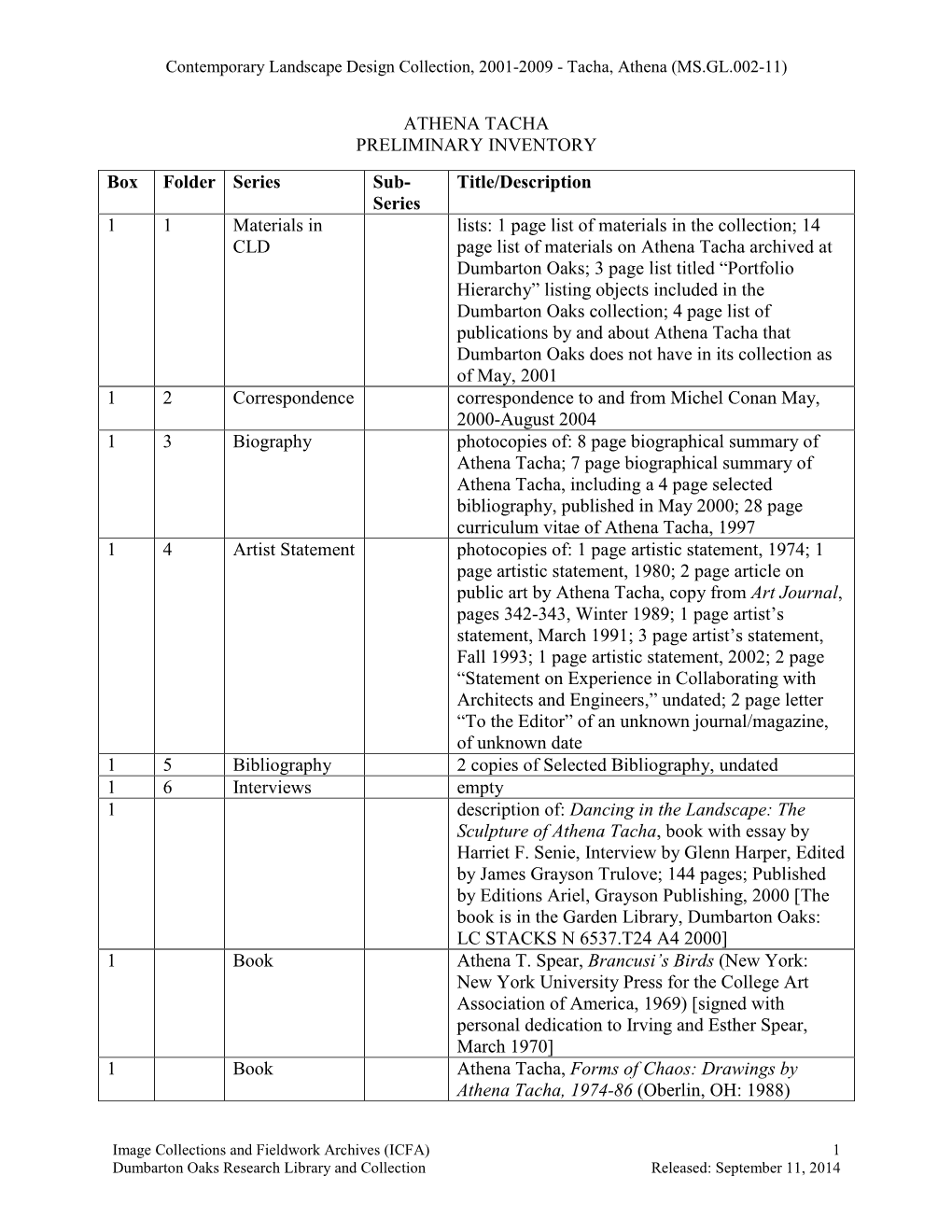 Athena Tacha Preliminary Inventory