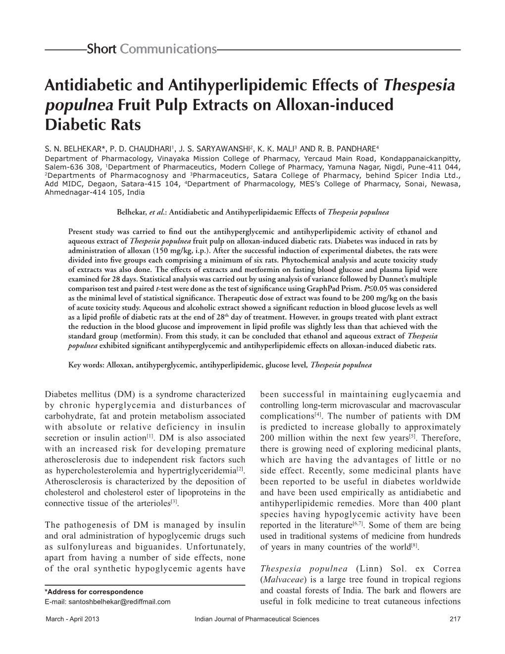 Antidiabetic and Antihyperlipidemic Effects of Thespesia Populnea Fruit Pulp Extracts on Alloxan-Induced Diabetic Rats