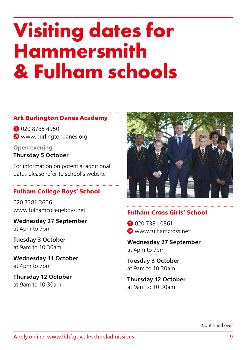 Visiting Dates for Hammersmith & Fulham Schools
