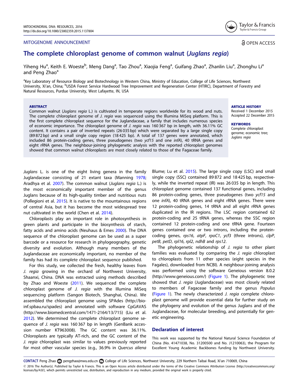 The Complete Chloroplast Genome of Common Walnut (Juglans Regia)