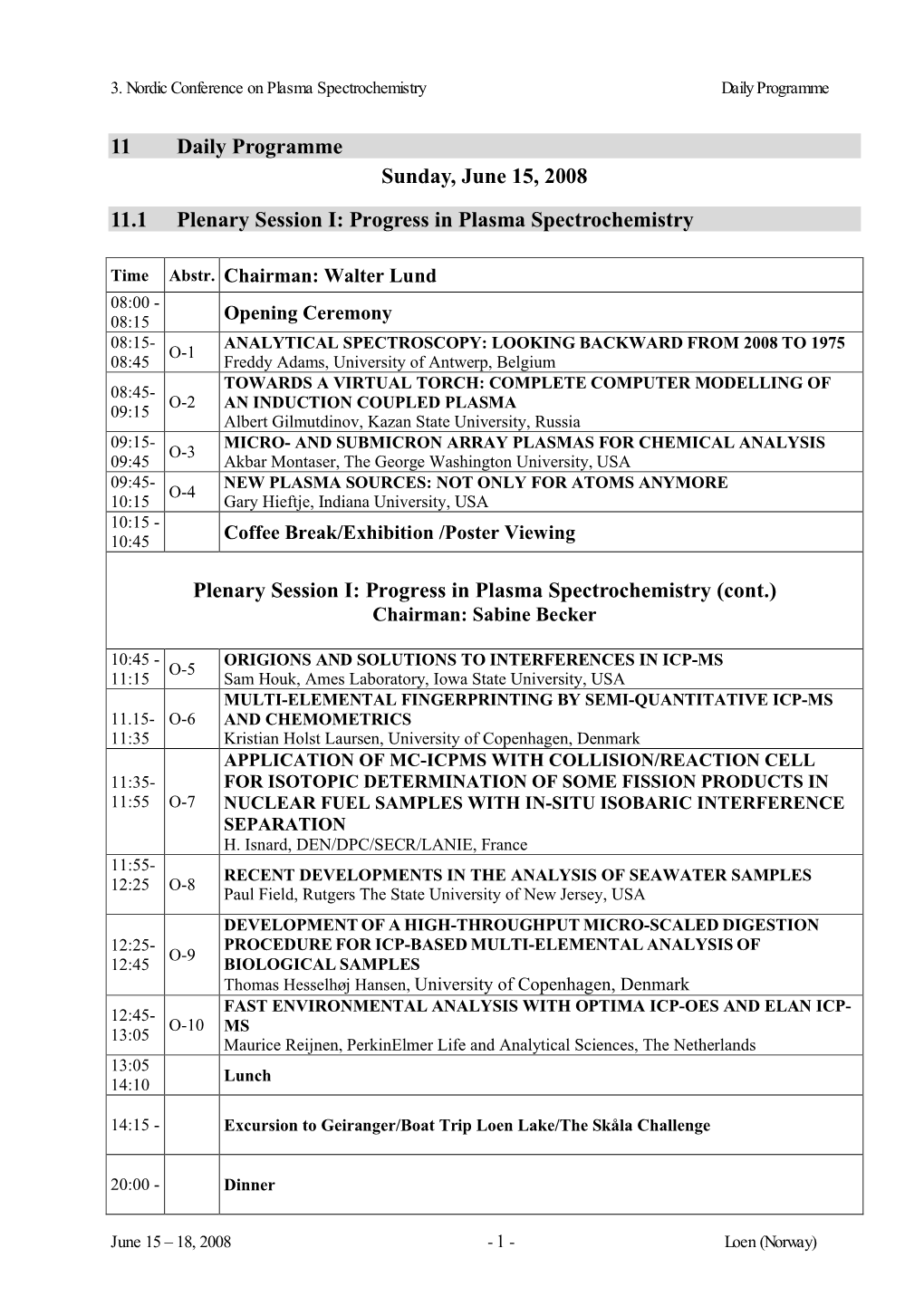Progress in Plasma Spectrochemistry Plenary Session I