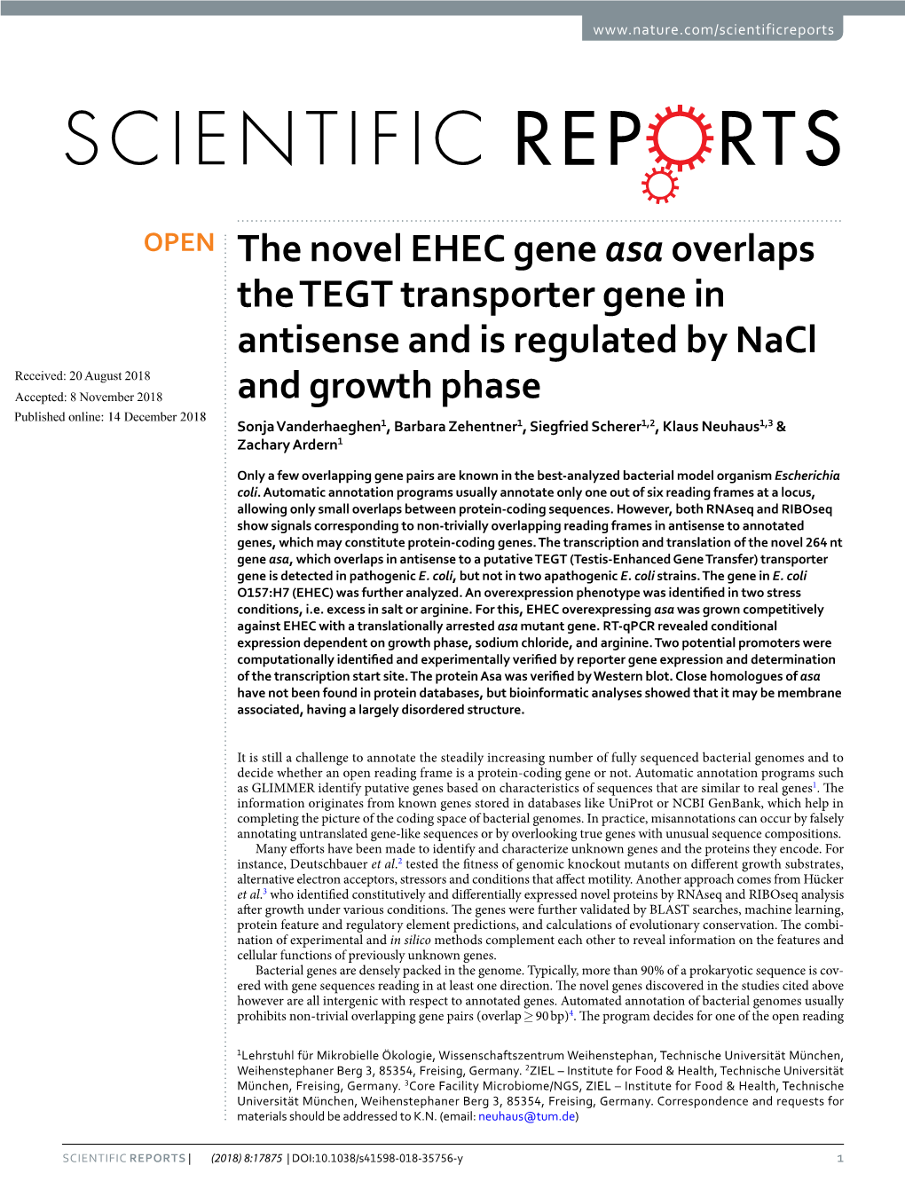The Novel EHEC Gene Asa Overlaps the TEGT Transporter Gene In