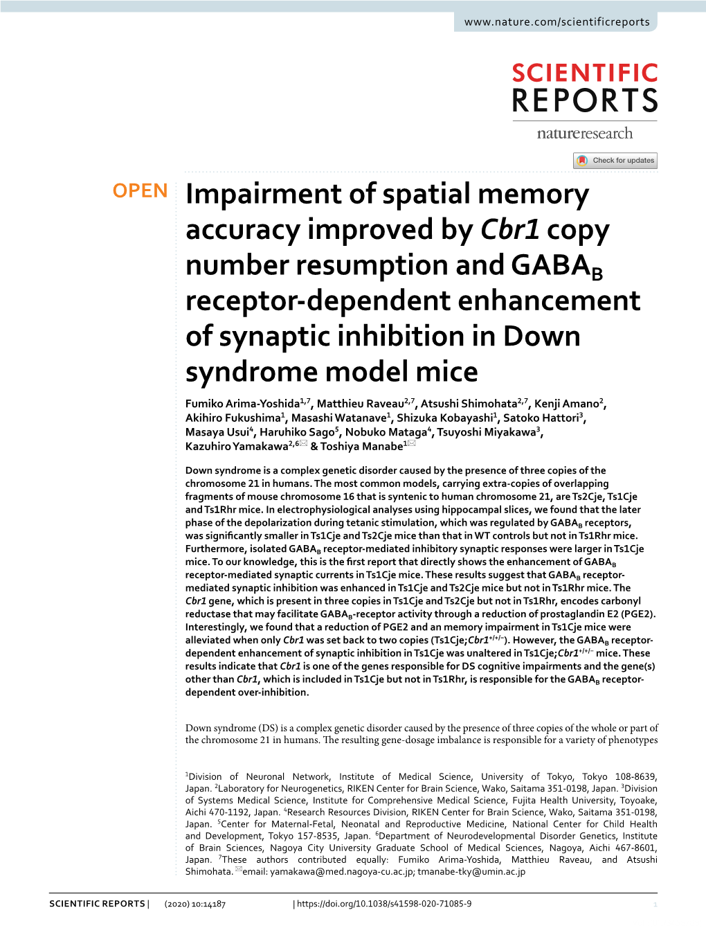 Impairment of Spatial Memory Accuracy Improved by Cbr1 Copy Number Resumption and GABAB Receptor-Dependent Enhancement of Synapt