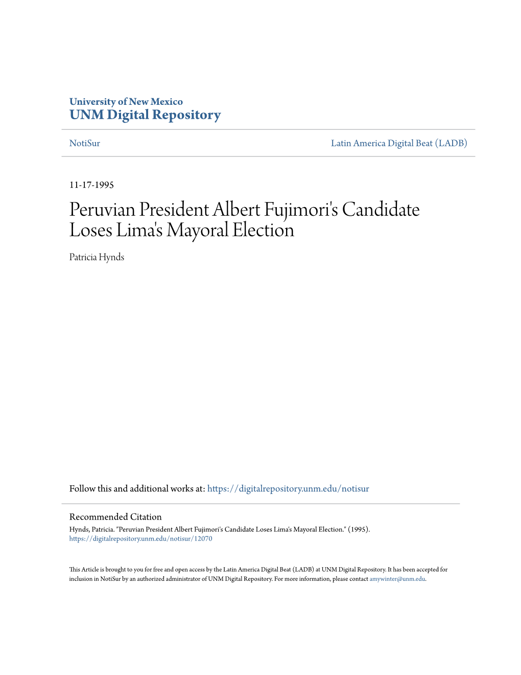 Peruvian President Albert Fujimori's Candidate Loses Lima's Mayoral Election Patricia Hynds