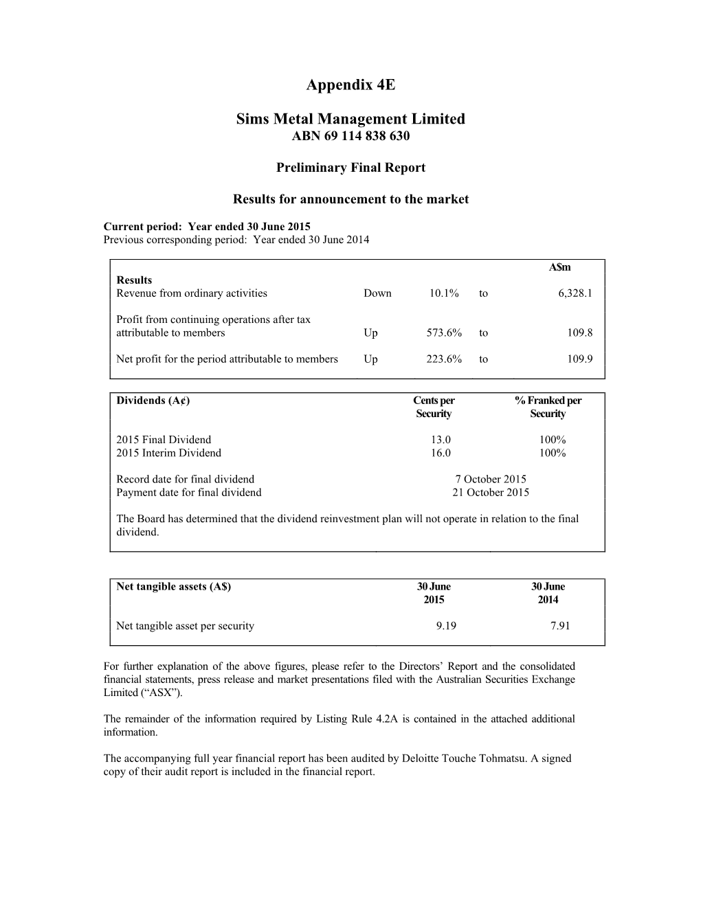 Appendix 4E Sims Metal Management Limited