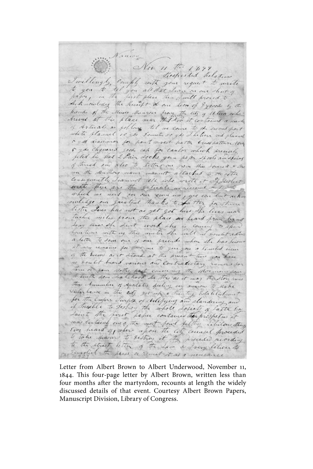 Letter from Albert Brown to Albert Underwood, November 11, 1844