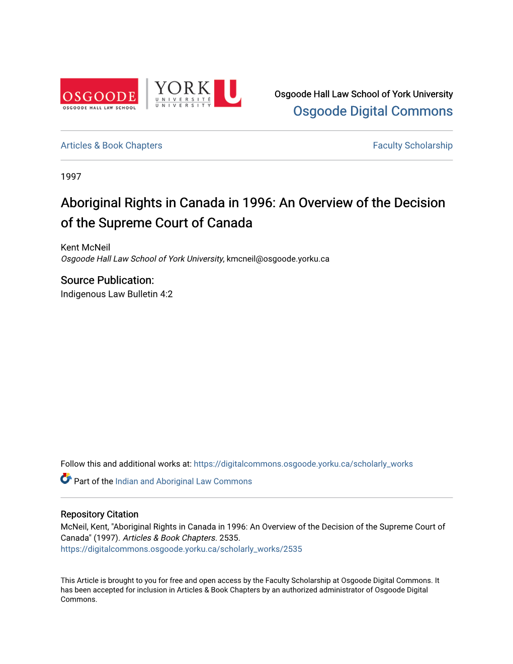 Aboriginal Rights in Canada in 1996: an Overview of the Decision of the Supreme Court of Canada