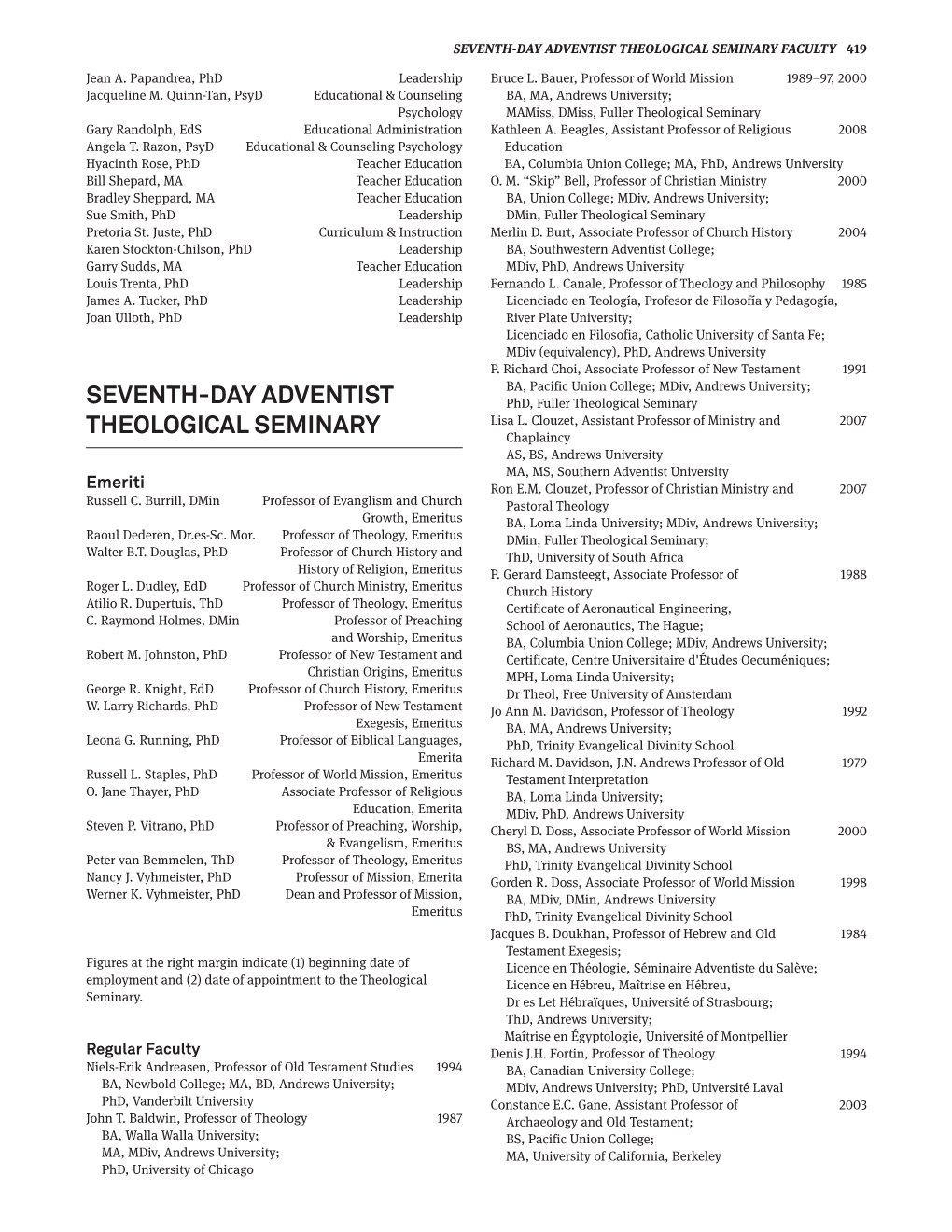 Seventh-Day Adventist Theological Seminary Faculty 419