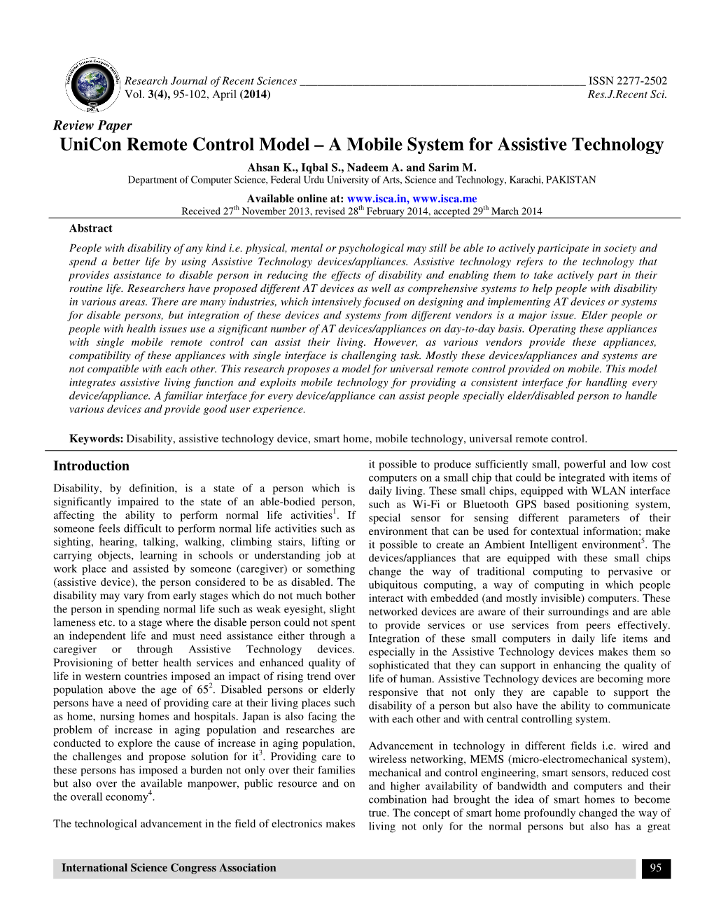 Unicon Remote Control Model – a Mobile System for Assistive Technology Ahsan K., Iqbal S., Nadeem A