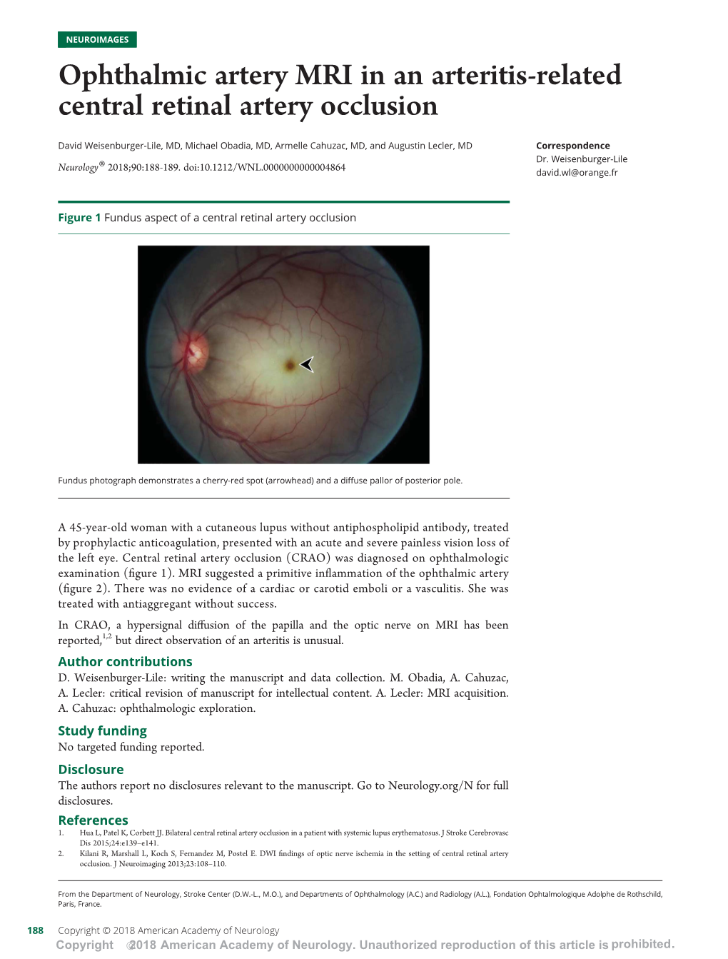 Ophthalmic Artery MRI in an Arteritis-Related Central Retinal Artery Occlusion