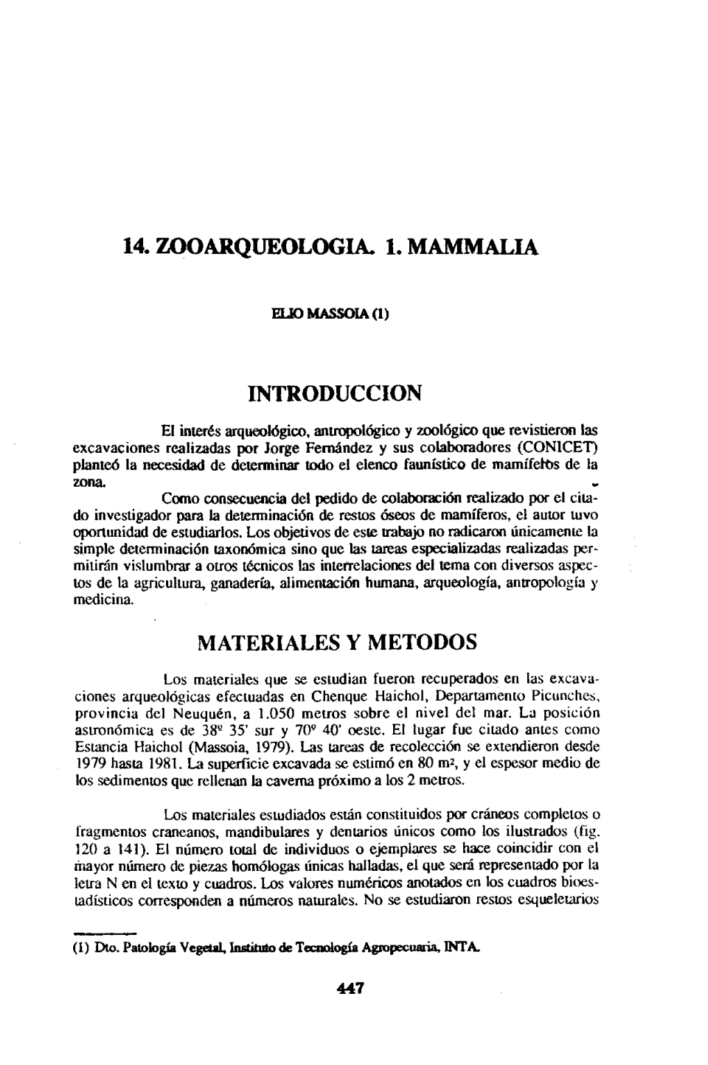 14. ZOOARQUEOLOGIA. L. MAMMALIA INTRODUCCION