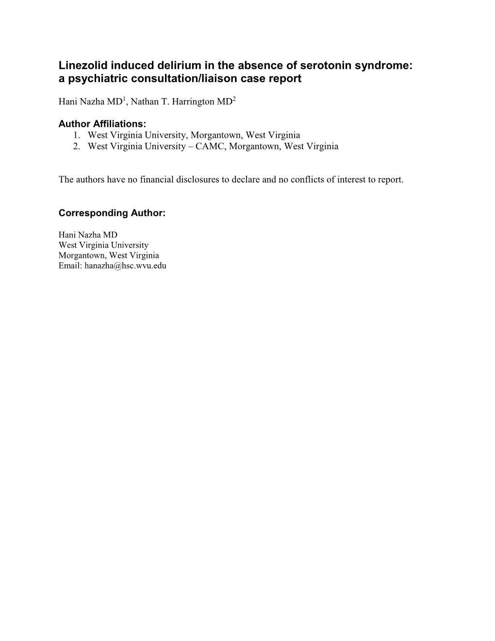 Linezolid Induced Delirium in the Absence of Serotonin Syndrome: a Psychiatric Consultation/Liaison Case Report