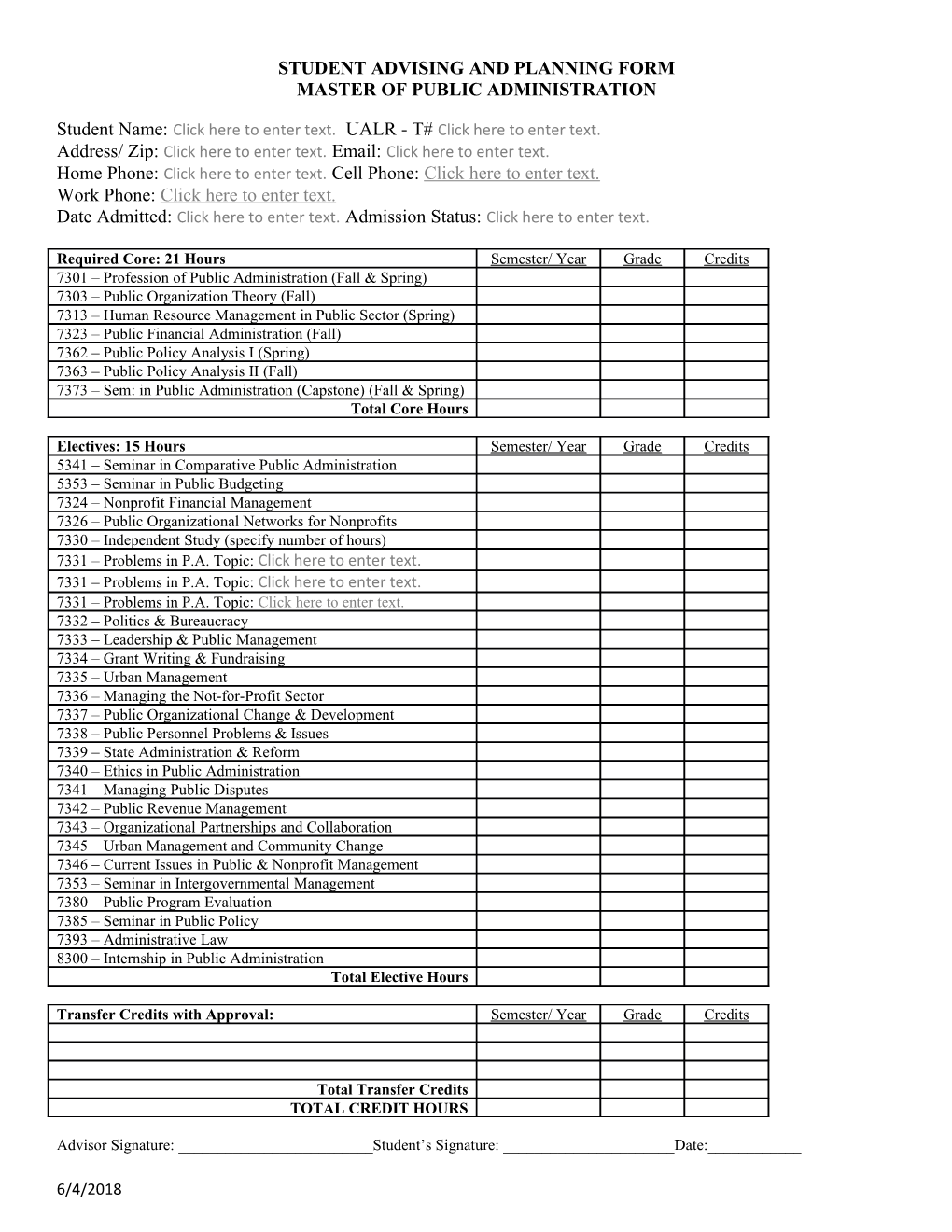 Student Advising and Planning Form