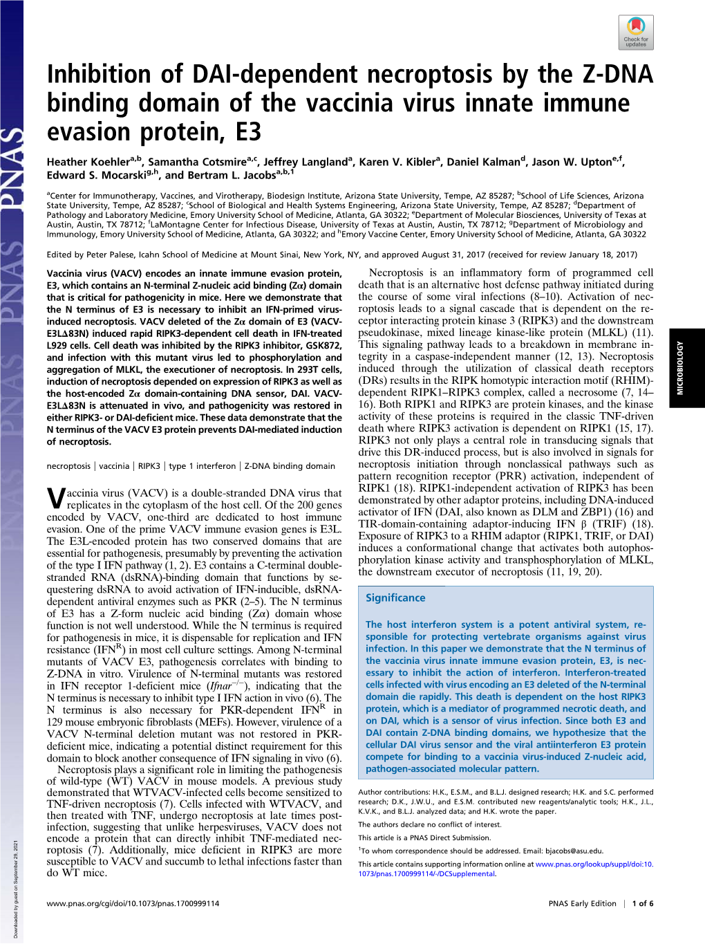 Inhibition of DAI-Dependent Necroptosis by the Z-DNA Binding Domain of the Vaccinia Virus Innate Immune Evasion Protein, E3