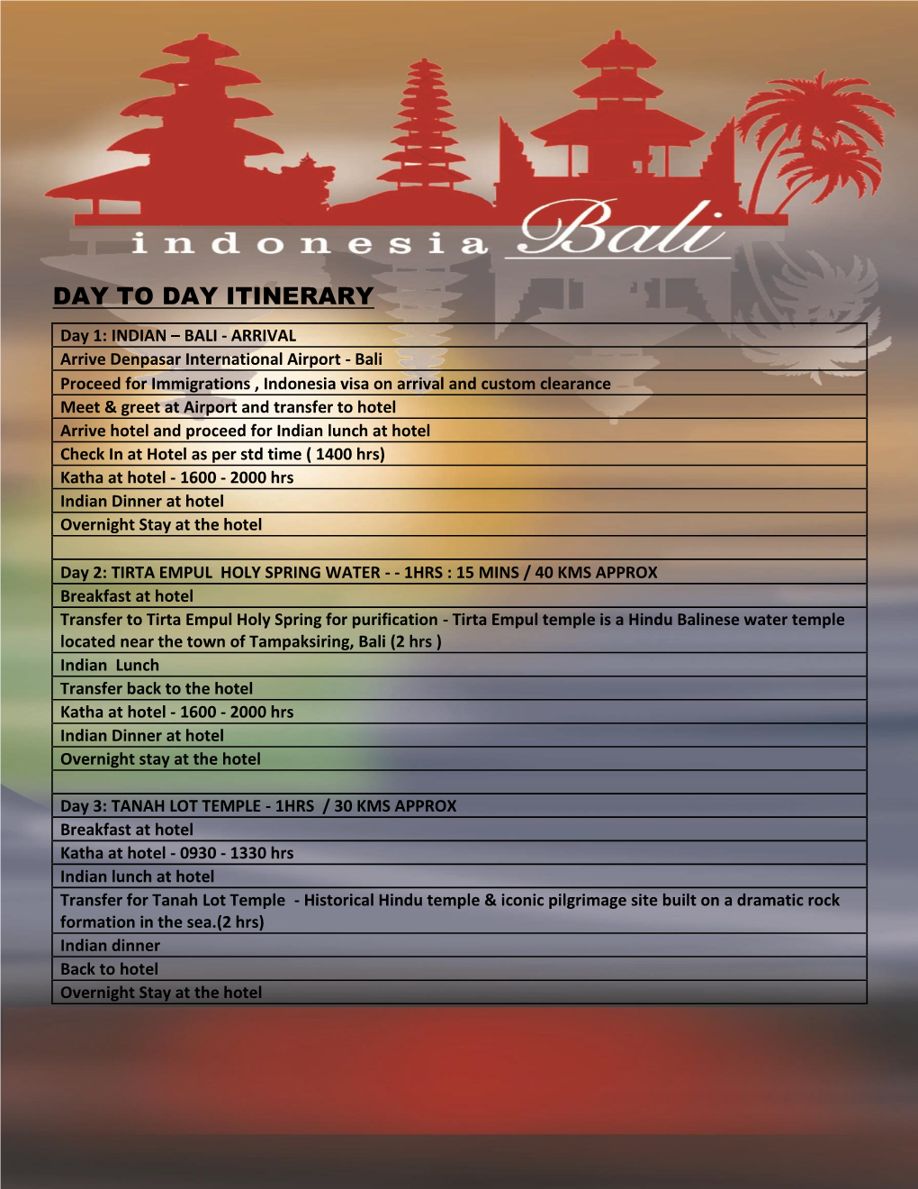 Day to Day Itinerary