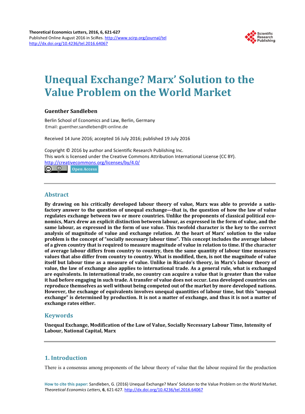Unequal Exchange? Marx' Solution to the Value Problem on the World